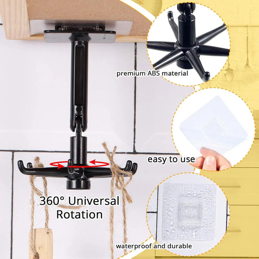 1 Pcs 360 Rotating Folding Hook Multi-purpose Hanging Utensil Holder Hook 180 Degrees Vertical Flip Self-Adhesive Hook Utensil Rack with 6 Hooks for Kitchen Bathroom Cabinet Towel