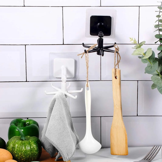 1 Pcs 360 Rotating Folding Hook Multi-purpose Hanging Utensil Holder Hook 180 Degrees Vertical Flip Self-Adhesive Hook Utensil Rack with 6 Hooks for Kitchen Bathroom Cabinet Towel
